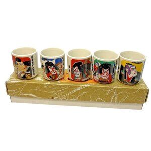 Japanese Kabuki Actor Mino Ware Porcelain Teacup Set W/ Original Box Vintage